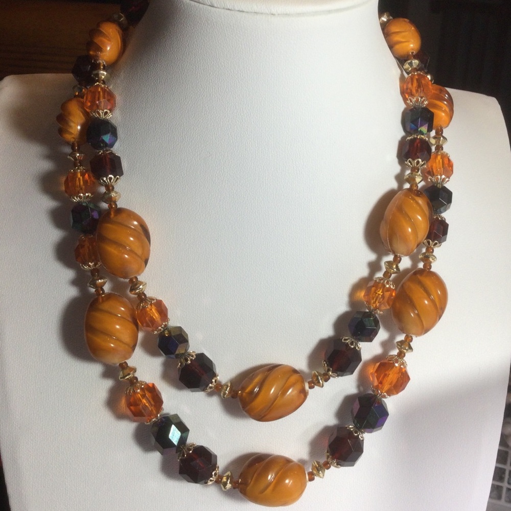 VTG West Germany Double Strand Amber/Orange, AB Colored Bead Lucite Necklace